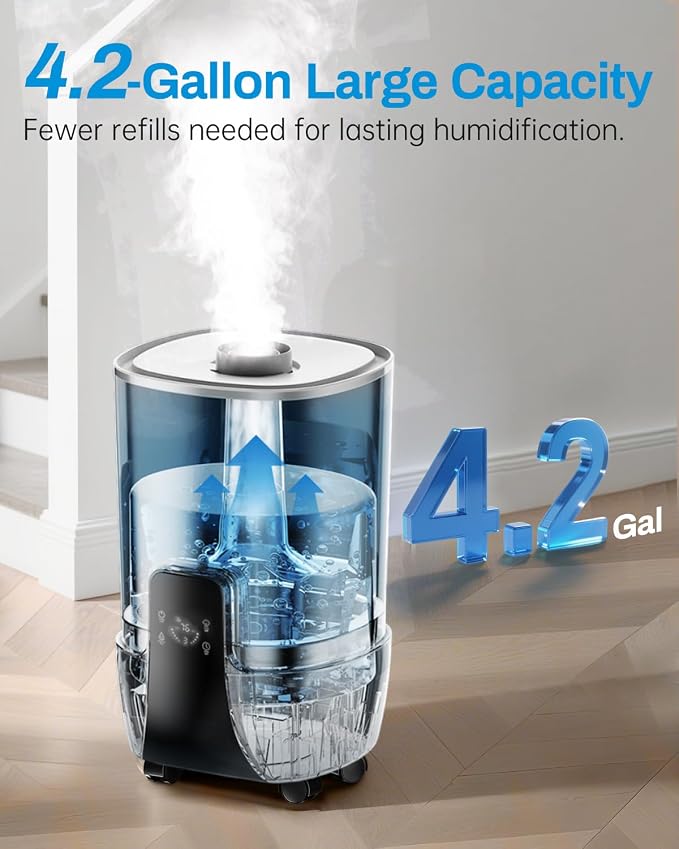 Humidifier large room 16L/4.2Gal - AILINKE Whole house Humidifier for Home 2000 sq.ft. with 3 Atomizers, Ultrasonic Cool Mist Humidifiers for Bedroom with Extension Tube, White - Image 3