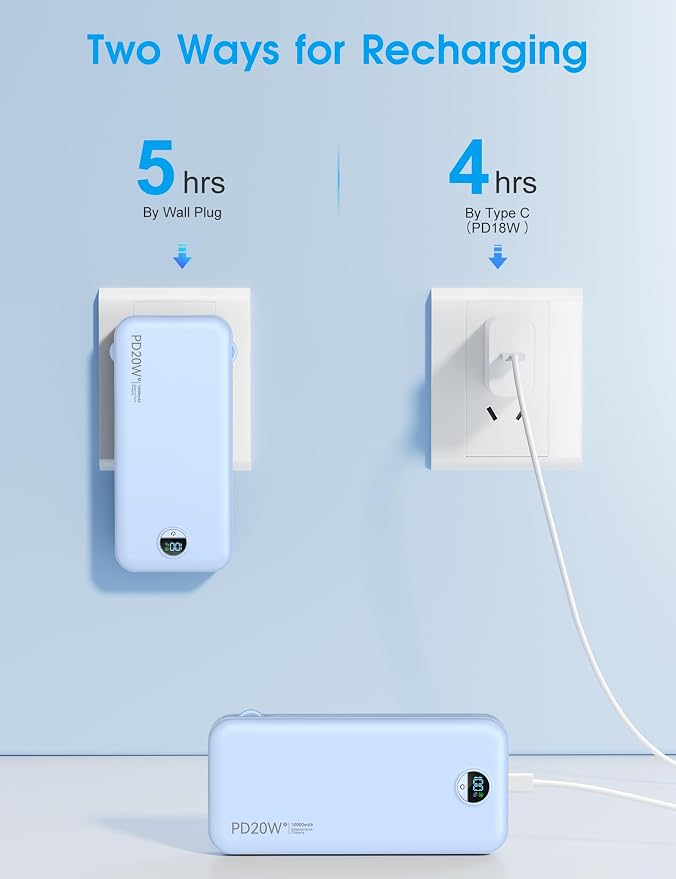 Portable Charger with Built-in Cables and Wall Plug, 10000mAh PD20W USB C Power Bank Fast Charging with LED Display, External Battery Pack Travel Essentials Compatible with iPhone, iPad, Samsung Blue - Image 8