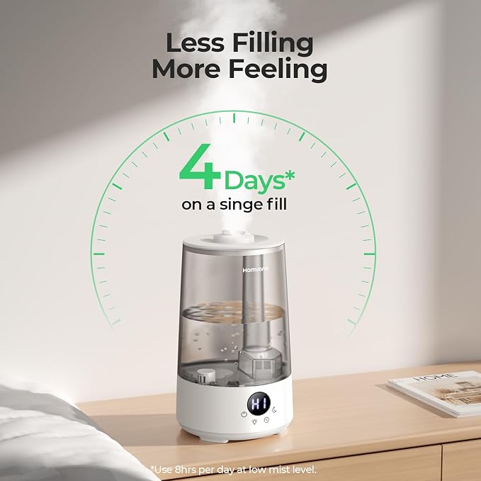 Homvana Humidifiers for Bedroom Home, 3.6 L Cool Mist Top-Fill 34H Super Long Time, Quiet 23dB, Baby Humidifier, Oil Diffuser for Large Room, House, Plant, Nursery, Office, BPA FREE, Ultrasonic (Grey) - Image 4