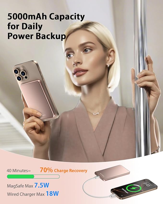[0.3" Ultra Slim] [Alloy-Made] ULiXWH for Magsafe Portable Charger for iPhone, 2026 Upgrade 5000mAh Fast Charging Magnetic Power Bank, Wireless Battery Pack for iPhone 17 Air 16 15 Pro Max 14 13, Pink - Image 3