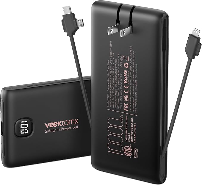 Portable Charger Power Bank Built in Cables and Wall Plug, 10000mAh iPhone Battery Pack Fast Charging, USB C External Slim Power Bank, Travel Essentials Compatible with iPhone 17 16 15 14 iPad, Black by VEEKTOMX