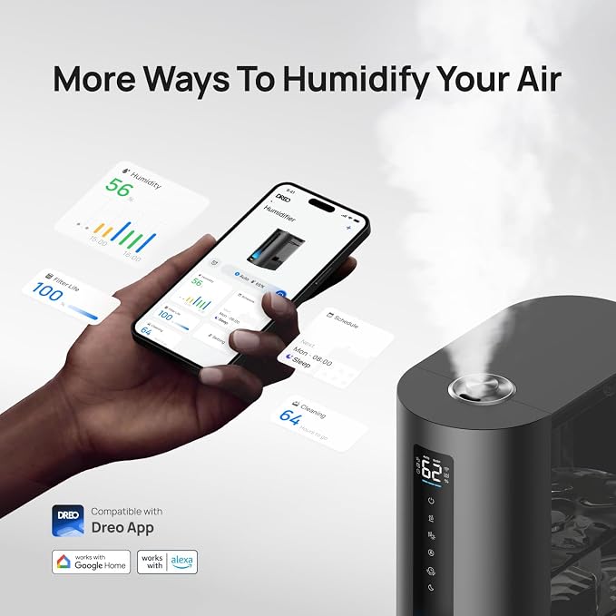 DREO 6L Humidifiers for Bedroom, Smart Warm & Cool Mist for Large Room, 60Hr Quiet Runtime for Baby, Plant, Humidity Sensor, Indicator Light, 12H Timer, Google/Alexa, Black - Image 3