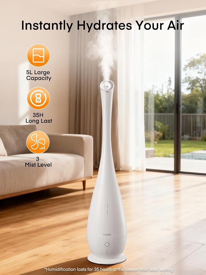 FOHERE Humidifiers for Bedroom Large Room, 5L Cool Mist Quiet Humidifier 48H Long Last for Indoor Plant, Baby, Home, Office with Humidity Sensor, Aroma Box, 3 Speed Settings, White - Image 2