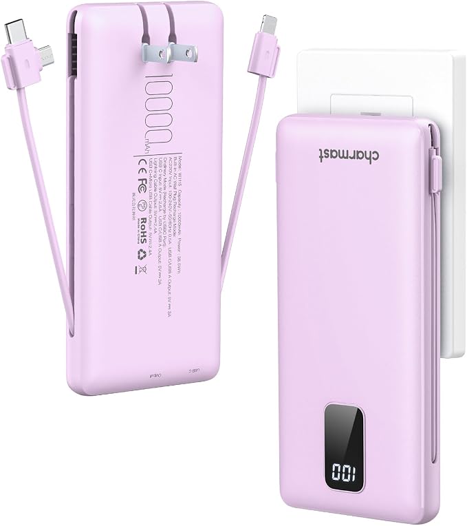 charmast Portable Charger with Built-in Cables & Wall Plug, 10000mAh Portable Power Bank, External Battery Pack Travel Essentials Compatible with iPhone 16/15/14/13, Samsung, iPad etc by Charmast