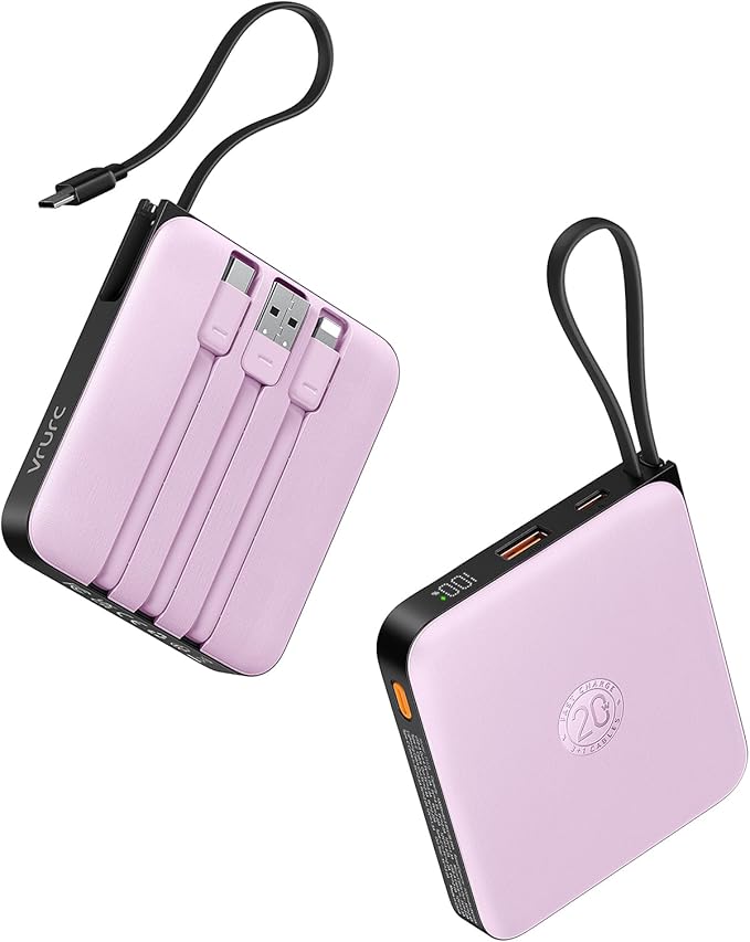 VRURC Portable Charger with Built-in Cable, 10000mAh 22.5W Fast Charging USB C Battery Pack, Cell Phone Power Bank for iPhone 17 16 15 Series Android Tablet (Purple) by Home