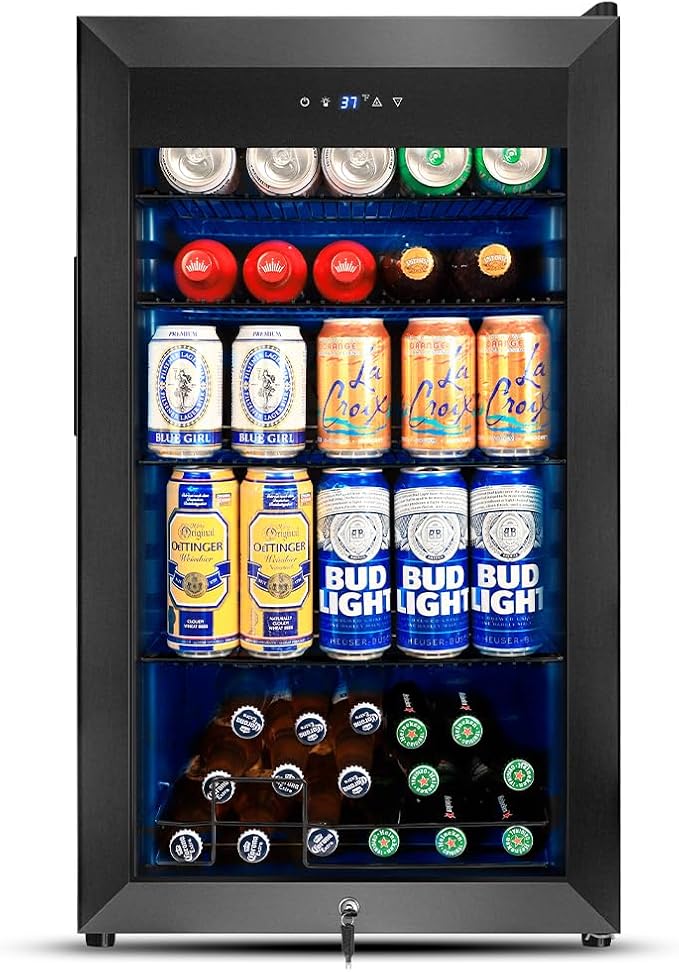 Beverage Refrigerator Cooler, 130 Cans 3.22 Cu.Ft Small Refrigerator with Low-E Glass Door, Lock, 17-Inch Beer Fridge for Drinks, Beer and Wine, Mini Fridge for Bedroom, Office and Bar, Black by TYLZA