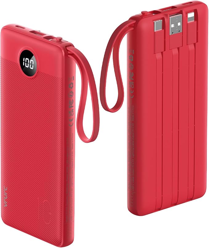 VRURC Portable Charger, 10000mAh Power Bank Built in Cables for iPhone, Slim Compact Travel Essential, 5 Outputs 2 Inputs USB C Battery Pack for iPhone 17 16 15 14 13, Samsung, Android etc-Magenta by Home