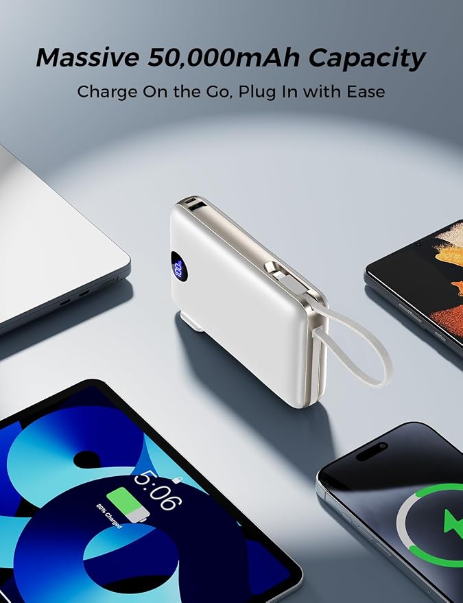 Power Bank, 50000 mAh Portable Charger with Built in Cable & Wall Plug, 22.5W Fast Charging, Travel Essential Battery Pack with LED Display for iPhone 17/16/15/14 Series, Galaxy, iPad White - Image 5