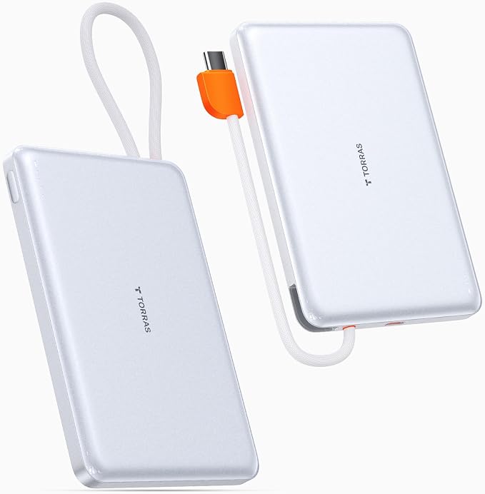 TORRAS Power Bank with Built-in USB-C Cable (No-Wireless), Ultra-Slim 10,000mAh Portable Charger USB C, 22.5W Fast Charging Battery Pack for iPhone 17/16/15 Series, Phone air, Galaxy, Pixel, White by TORRAS