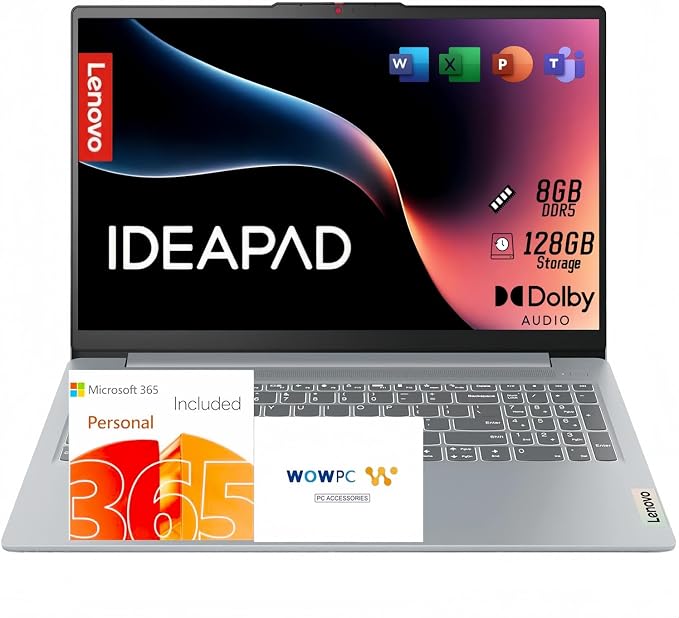 Lenovo IdeaPad Slim 3i Laptop, 15.6" FHD Display, Quad-Core Intel N150, 8GB DDR5, 128GB Storage, Windows 11 with Microsoft 365, Dolby Audio, Numeric Keypad, Lightweight by LENOVO