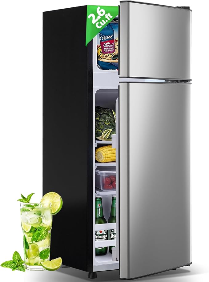 DEMULELR Small Refrigerator with Freezer 2.6 Cu.ft Dual Door Mini Fridge with 3 Removable shelves & Extra Drink Space Fridge for Office 14.77" W x 15" D x 35" H, Mini Refrigerator for Dorm, Silver by DEMULLER