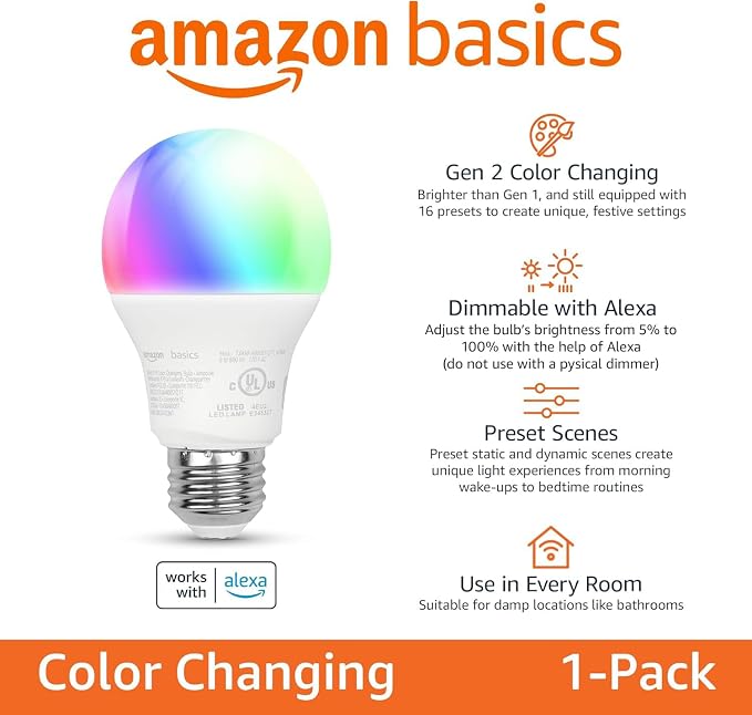 Amazon Basics Smart A19 LED Light Bulb, Color Changing, Compatible - Image 2