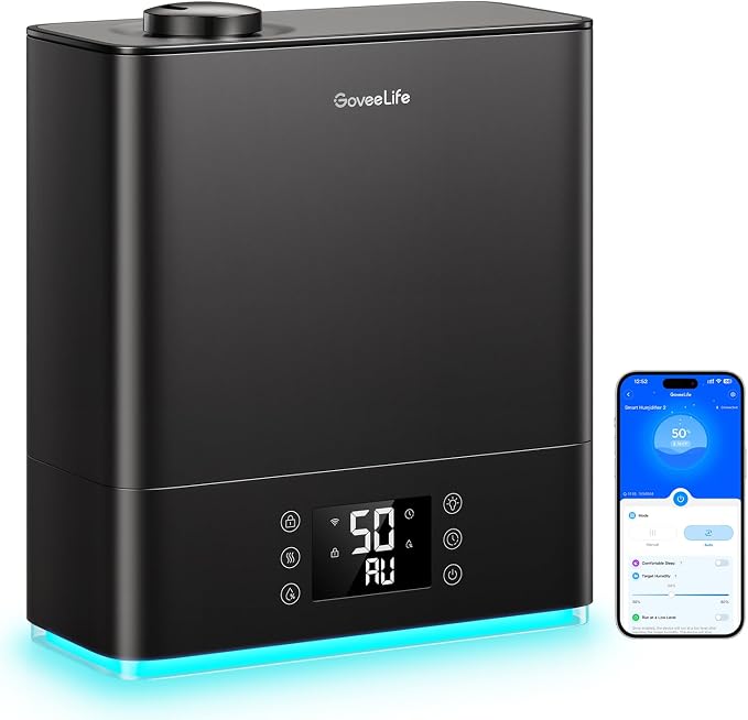 GoveeLife Smart Humidifiers for Bedroom Large Room, Top-Fill Cool Mist 6L WiFi Air Humidifier, Auto Mode, App & Voice Control, 60H Runtime, Rapid Humidification, RGB Nightlight Baby Plants, Black by GoveeLife