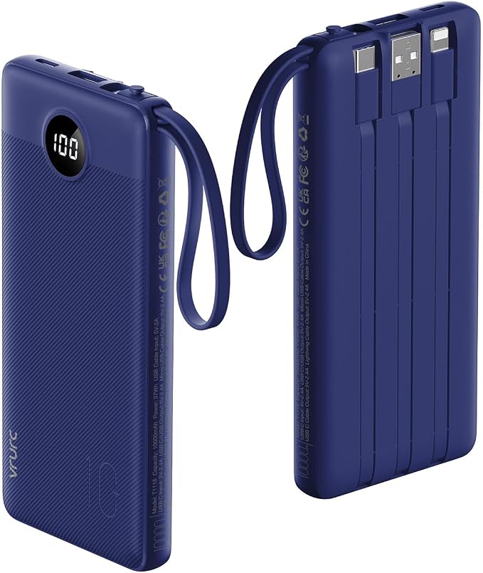 VRURC Portable Charger for iPhone, USB C Power Bank 10000mAh, Slim Travel Battery Pack with Built in Cables, 5 Outputs 2 Input Portable Phone Charger for iPhone 17 16 15 14 13, Samsung, Android-Navy by Home