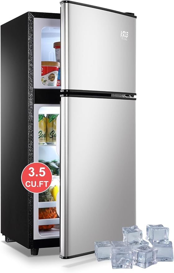 Top-Freezer Refrigerator 3.5 Cu.Ft Mini Fridge with Freezer 2 Door Silver | 7 Level Adjustable Thermostat Control , Lock Fresh,Low noise,Low Power Consumption by KRIBBLING
