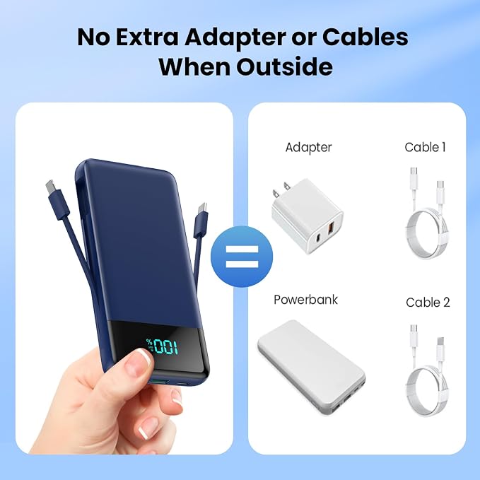 Portable Charger for iPhone,13800mAh Slim Power Bank with Built-in Cables & AC Wall Plug,All in One 4 Outputs USB C Fast Charging Battery Pack Travel Essential for iPhone 17/16/15/14,Android (Blue) - Image 2
