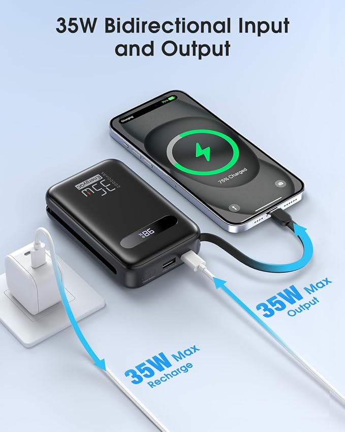 EnergyQC 20000mAh Portable Charger, 35W PD 3.0+QC 4.0 Fast Charging Power Bank with Built-in Lightning & USB-C in&Out Cables, Travel Battery Pack for iPhone 17/16/15/14, Samsung, iPad, Android, Black - Image 5