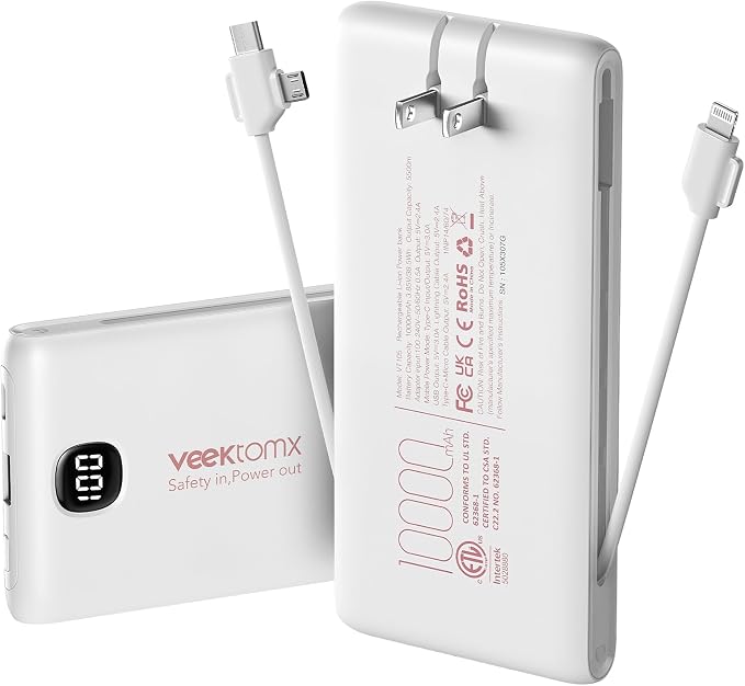 Portable Charger Power Bank Built in Cables and Wall Plug, 10000mAh iPhone Battery Pack Fast Charging, USB C External Slim Power Bank, Travel Essentials Compatible with iPhone 17 16 15 14 iPad, White by VEEKTOMX