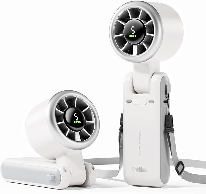 Diveblues Portable Handheld Turbo Fan, 5 Gear Wind, Battery Operated, Up to 12 Working Hours, 3 IN 1 Hand Fan with Air Turbo Tech Cooling Fan for Outdoor Activities, Travel, Working, Silvery white by Diveblues
