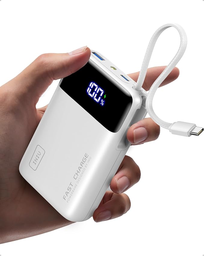 INIU 20000mAh Power Bank, Small Portable Charger, 45W PD Fast Charging Battery Pack with Build in USB-C Cable, Travel Phone Charger for iPhone 17 16 15 14 Air Samsung S25 S24 Google iPad Xiaomi, White by INIU