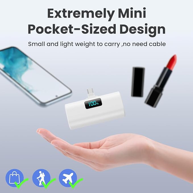Small Portable Charger 5200mAh,Upgraded PD USB C Power Bank Built-in USB-C Connector,LCD Display Battery Pack,Compatible with iPhone 17/16/15/15 Plus/15 Pro/15 Pro Max/Galaxy Android Phone, White - Image 3