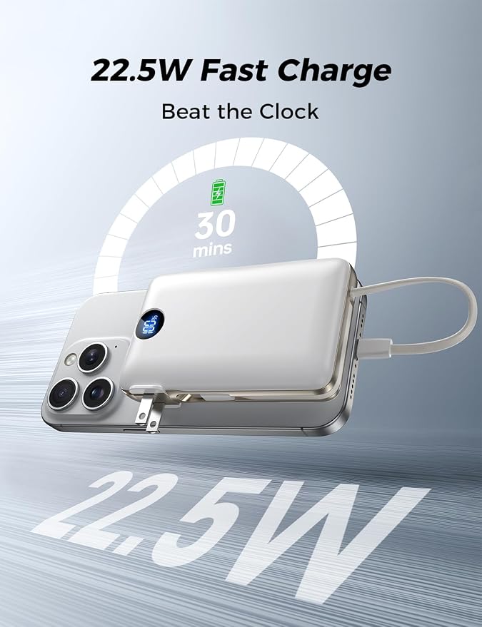 Power Bank, 50000 mAh Portable Charger with Built in Cable & Wall Plug, 22.5W Fast Charging, Travel Essential Battery Pack with LED Display for iPhone 17/16/15/14 Series, Galaxy, iPad White - Image 3