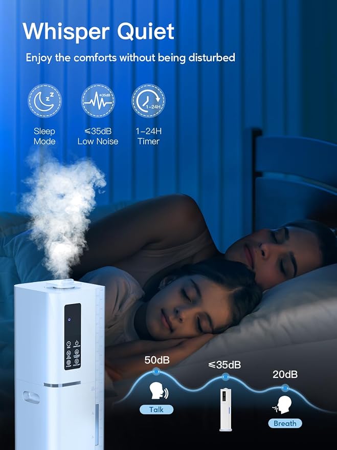 10L/2.64Gal Humidifiers for Bedroom, Top Fill Quiet Ultrasonic Cool Mist Humidifier Large Room, Covers 550ft², 60H Runtime, 24H Timer, 3 Mist Modes Humidifiers for Home, Office, Plants, White - Image 5