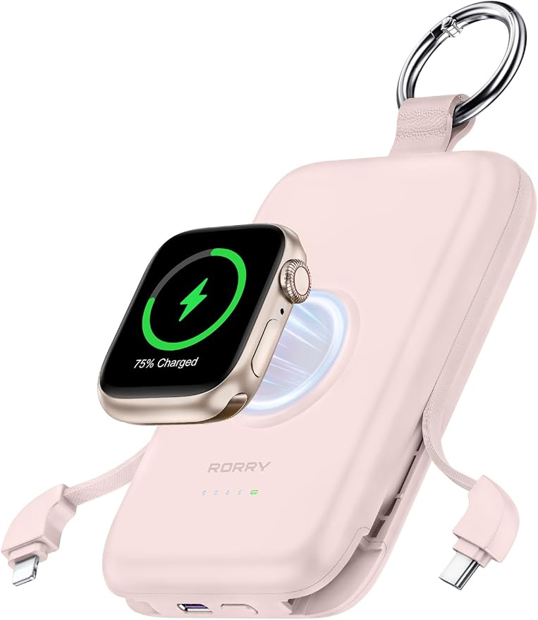 RORRY Portable Charger, 10000mAh PD 20W Fast Charging Portable Charger Power Bank with Built in Cables, Travel Battery Pack for iPhone and Apple Watch Ultra/11/10/9/8/7/6/5, Pink by RORRY