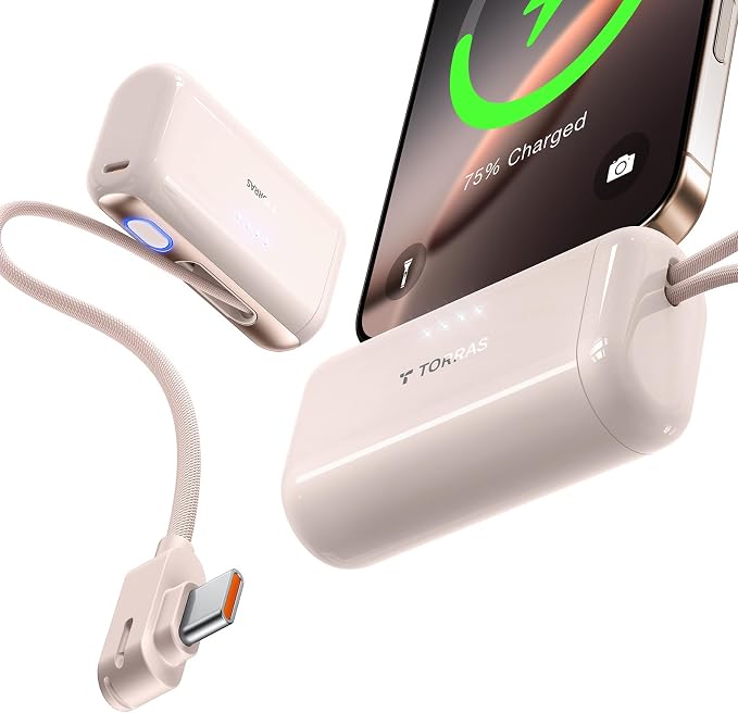 TORRAS 2-in-1 iPhone 16 Portable Charger, 5,000mAh 22.5W Mini Power Bank with Built-in USB-C Cable, Fast Charge Battery Pack, Travel Essential for iPhone 17/16/15, Galaxy S25, Google – Desert Titanium by TORRAS