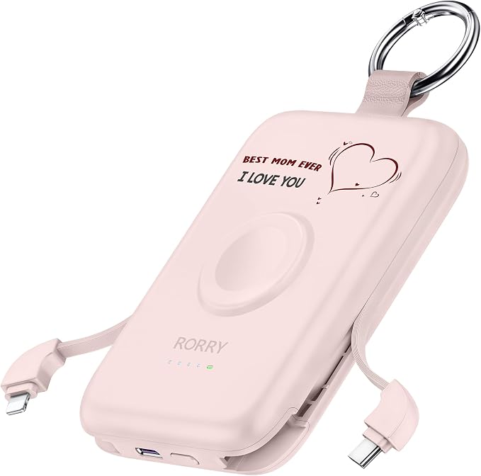 RORRY Portable Charger, 10000mAh PD 20W Fast Charging Portable Charger Power Bank with Built in Cables, Travel Battery Pack for iPhone and Apple Watch Ultra/11/10/9/8/7/6/5, Mom-Pink by RORRY
