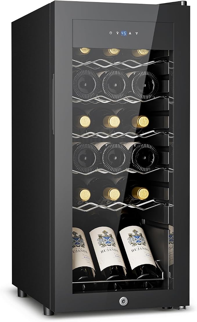 Feelfunn 18 Bottle Wine Cooler Refrigerator - Small Wine Fridge with Glass Door & Digital Temperature Control, Freestanding Wine Refrigerator for Red, White, Champagne or Sparkling Wine, Black by Feelfunn