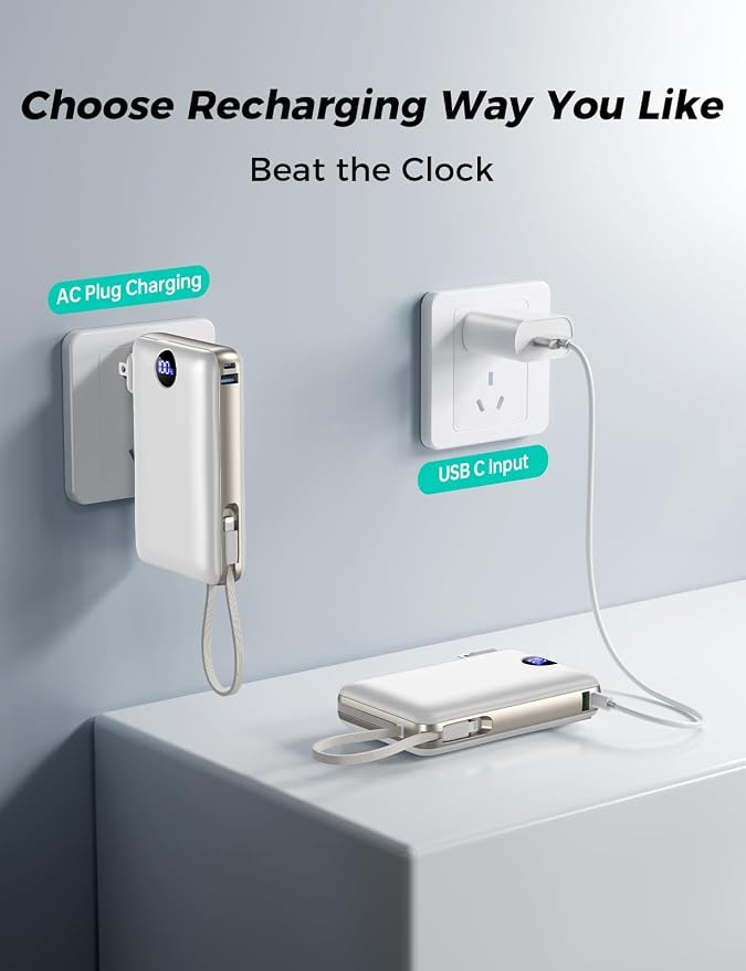 Power Bank, 50000 mAh Portable Charger with Built in Cable & Wall Plug, 22.5W Fast Charging, Travel Essential Battery Pack with LED Display for iPhone 17/16/15/14 Series, Galaxy, iPad White - Image 4
