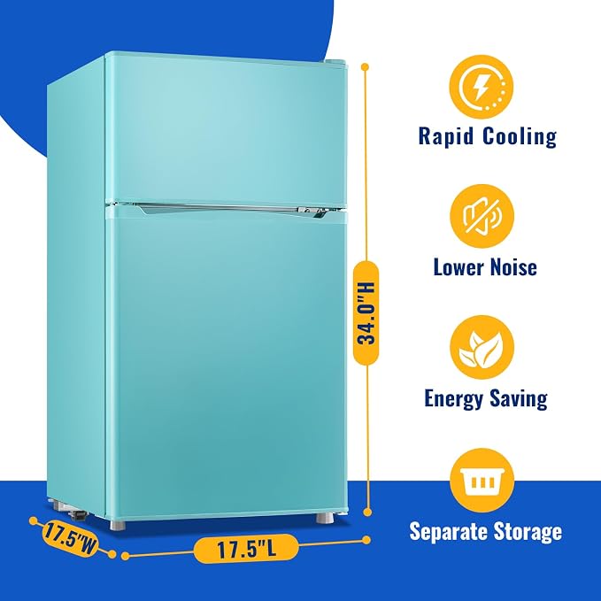 3.5 Cu.Ft Blue Mini Fridge With Freezer Compact Refrigerator for Dorm | Freestanding Fridge with 7 Level Adjustable Thermostat, Removable Shelves, Fast Cooling, Low Consumption - Image 3