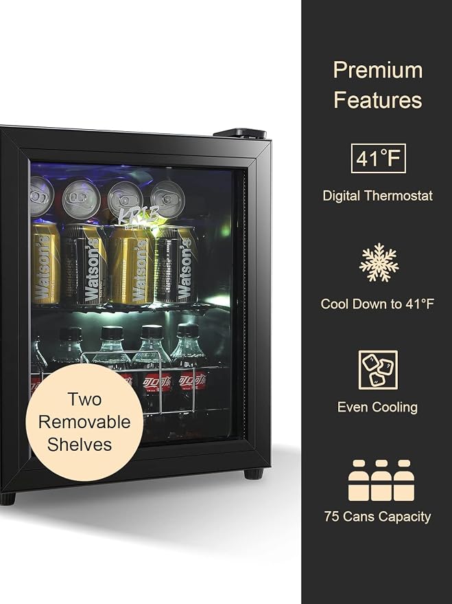 Beverage Refrigerator 75 Can Freestanding Beverage Cooler Black | Adjustable Shelving Glass Door ,for Beer Soda or Wine Perfect for Home Office or Bar - Image 3