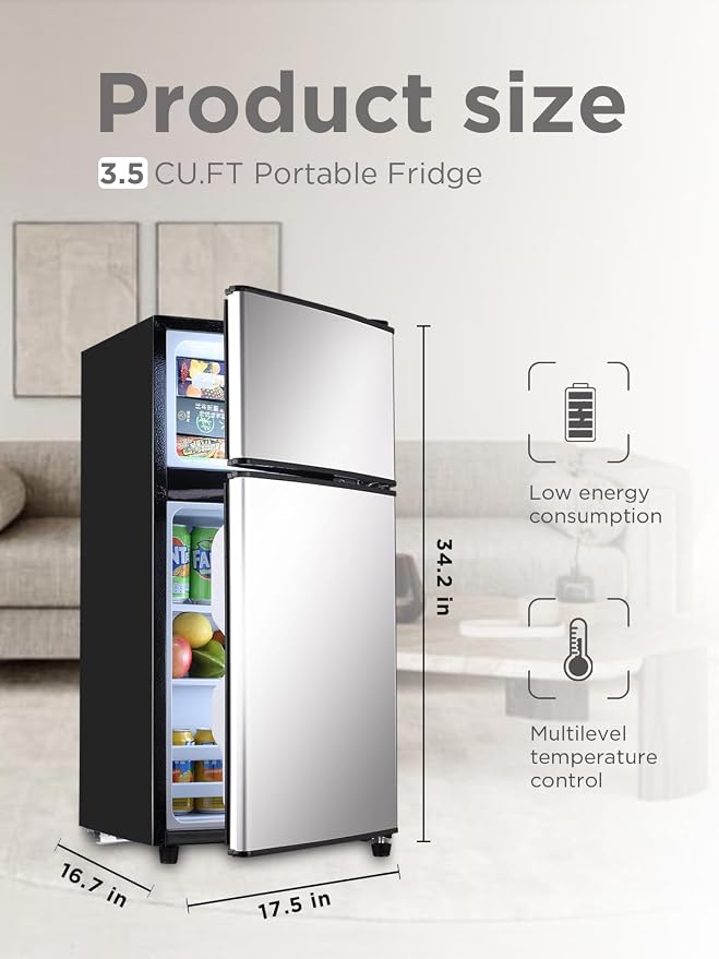 F.W.WOOLWORTHS 3.5 Cu.Ft Refrigerator with Freezer | Compact Fridge with 2 Doors for Office, Kitchen, Dorm and Bedroom, 7 Level Temp Adjustable Thermostat, Silver - Image 3