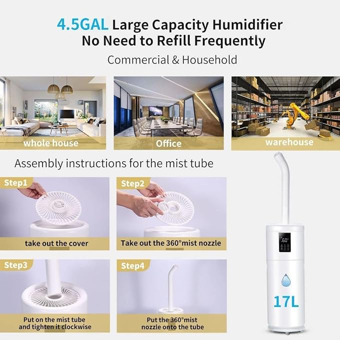 Humidifiers for Large Room Home Bedroom 2000 sq.ft. 17L/4.5Gal Large Humidifier with Extension Tube & 4 Speed Mist,Top Fill Wholehouse Humidifier with 360°Nozzle for Plant Office Commercial Greenhouse - Image 6