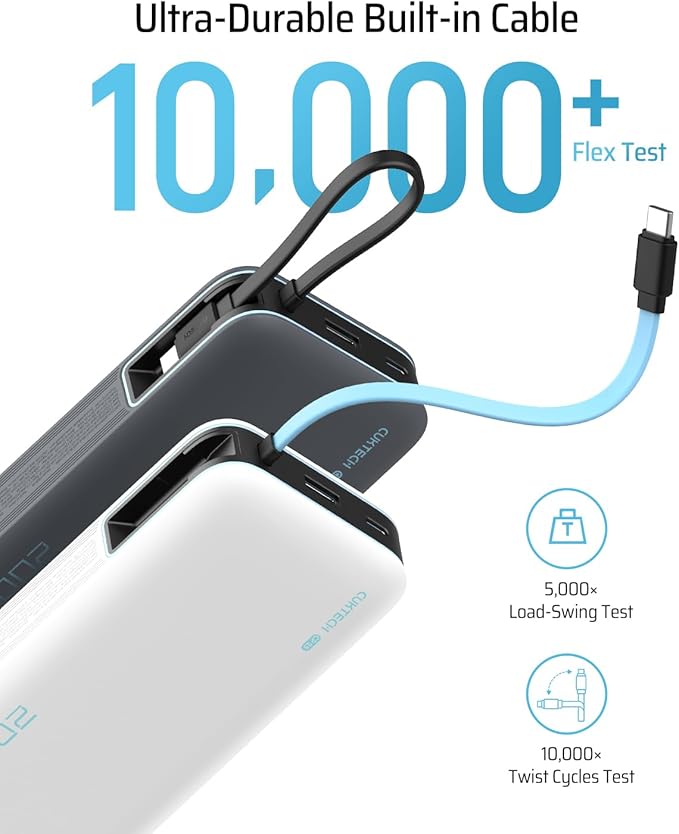 CUKTECH 45W Power Bank 20000mAh, Portable Travel Charger Built-in USB C Cable, Fast Charging Battery Pack for iPhone 16/15/14/13, iPad, Samsung Galaxy, Google Pixel, Android and More (Gray) - Image 6