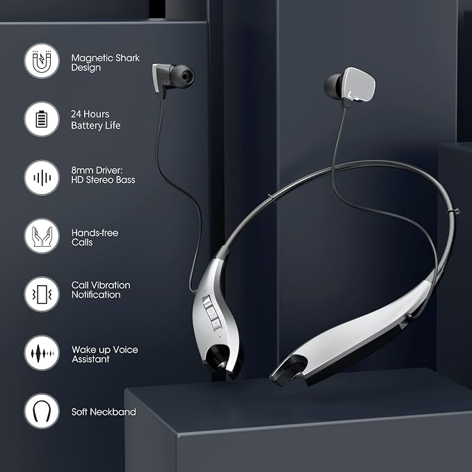 Neckband Bluetooth Headphones, 24H Playtime, Noise Isolation, Silver | Around The Neck Headphones Shark Jaw Design, Bluetooth Headsets with Call Vibration, Earbuds Built-in Mic/IPX7 Waterproof - Image 9