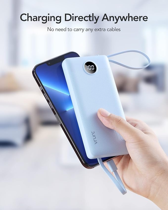 VRURC 10000mAh Power Bank Built-in Cables, Portable Charger with LED Display, Slim Travel Battery Pack with Cords, 5 Output Dual Input Phone Charger for Cell Phone Smart Devcies-Blue(1 Pack) - Image 7