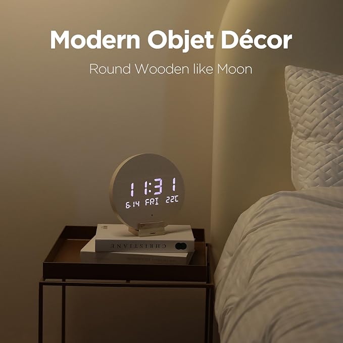mooas Wood Moon Cordless Mini Digital LED Wall Clock, Temperature, Auto - Image 6