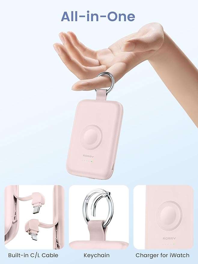 RORRY Portable Charger, 10000mAh PD 20W Fast Charging Portable Charger Power Bank with Built in Cables, Travel Battery Pack for iPhone and Apple Watch Ultra/11/10/9/8/7/6/5, Pink - Image 2