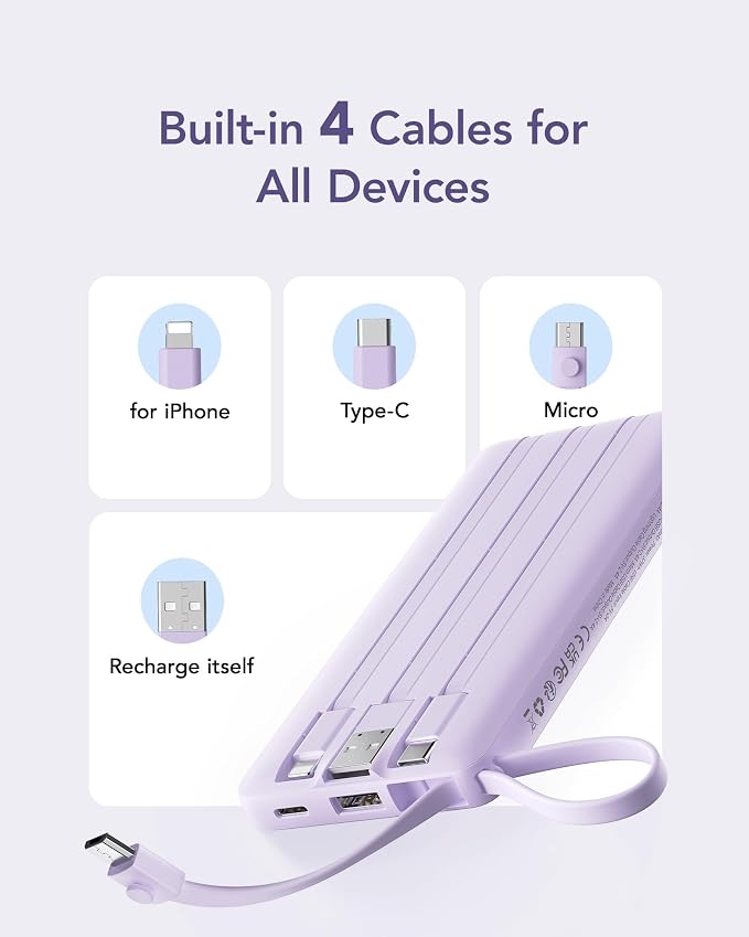 VRURC Portable Charger Power Bank, 10000mAh Travel Essentials Battery Pack, 5 Outputs 2 Inputs Slim Charging Bank Built-in Cables Cords for iPhone 17 16 15 14 13,Samsung,Android-Lavender(1 Pack) - Image 5