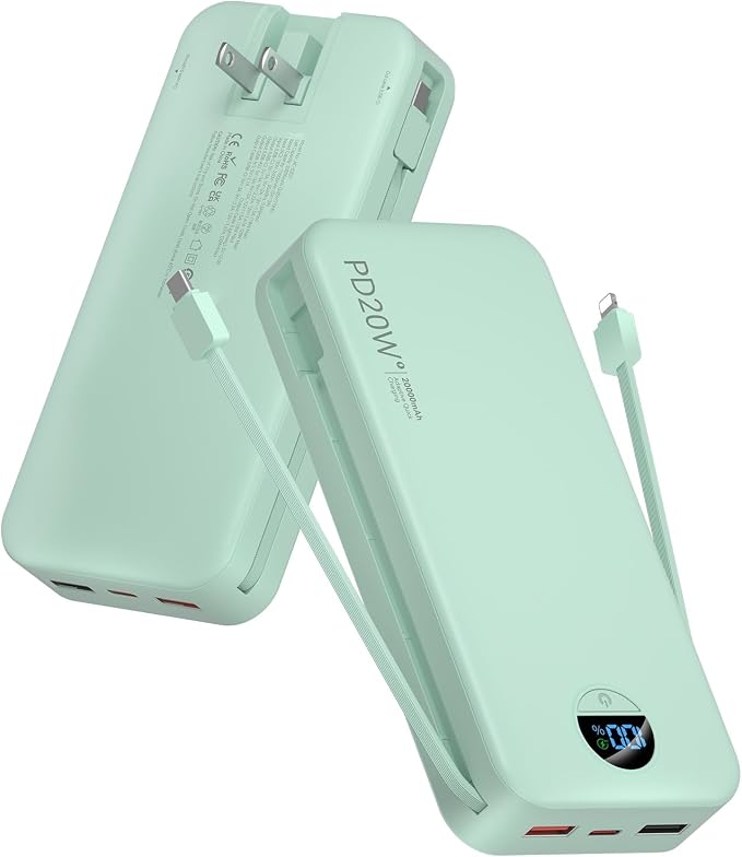 citicr Portable Charger Power Bank, 20000mAh PD20W USB C Fast Charging with Built-in Cables & Wall Plug, External Battery Pack with LED Display, Travel Essential for iPhone, iPad, Samsung Green by CITICR