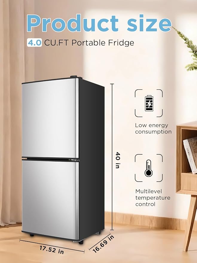 F.W.WOOLWORTHS 4.0 Cu.Ft Refrigerator with Freezer | Compact Fridge with 2 Doors for Office, Kitchen, Dorm and Bedroom, 7 Level Temp Adjustable Thermostat, Silver - Image 2