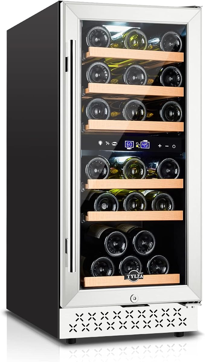 Mini Fridge 15 Inch Wine Cooler Under Counter, 30 Bottles Dual Zone Wine Fridge with Safty Lock, Wine Refrigerator Freestanding, Built-in Wine Cellars by TYLZA