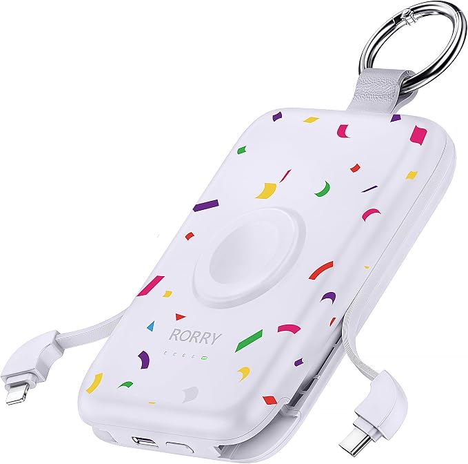 RORRY Portable Charger, 10000mAh PD 20W Fast Charging Portable Charger Power Bank with Built in Cables, Travel Battery Pack for iPhone and Apple Watch Ultra/11/10/9/8/7/6/5, Confetti-Purple by RORRY