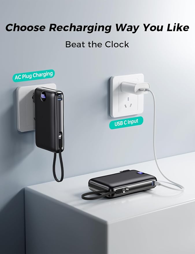 Power Bank, 50000 mAh Portable Charger with Built in Cable & Wall Plug, 22.5W Fast Charging, Travel Essential Battery Pack with LED Display for iPhone 17/16/15/14 Series, Galaxy, iPad Black - Image 4