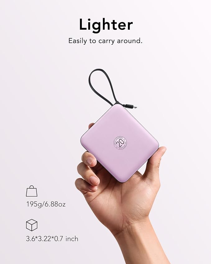 VRURC Portable Charger with Built-in Cable, 10000mAh 22.5W Fast Charging USB C Battery Pack, Cell Phone Power Bank for iPhone 17 16 15 Series Android Tablet (Purple) - Image 4