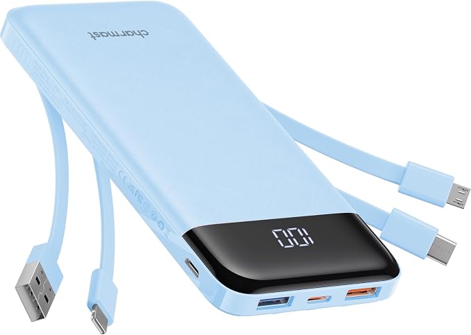 Charmast Portable Charger with Built in Cables, Power Bank with Cords Wires, Slim 10000mAh Travel Battery Pack 6 Outputs 3 Inputs 3A Fast Charging for Samsung Google Pixel LG Moto iPhone iPad by Charmast