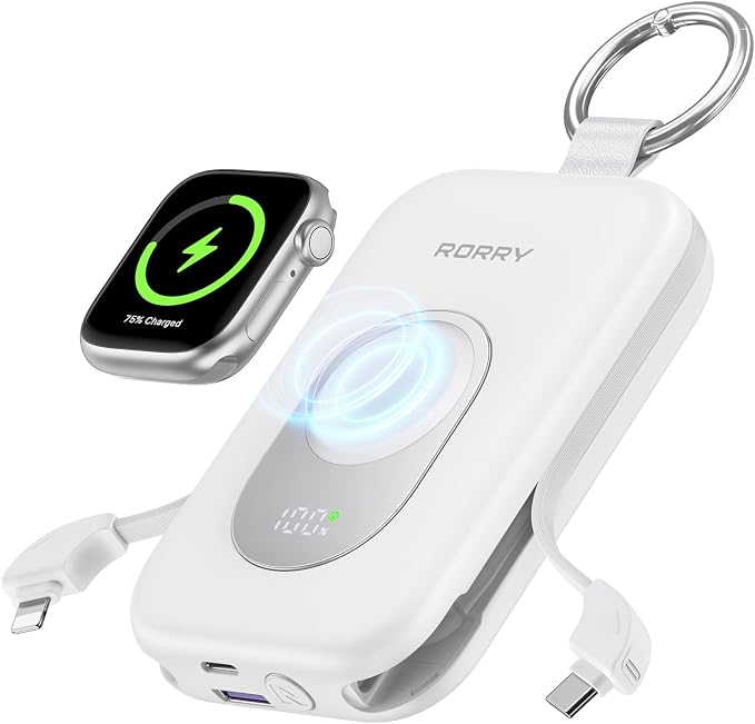 RORRY Portable Charger, 20000mAh PD 30W Portable Charger Power Bank with 2 Built-in Cables, Super Fast Charging Battery Pack with Keychain, Travel Essentials for iPhone, Apple Watch, iPad, White by RORRY